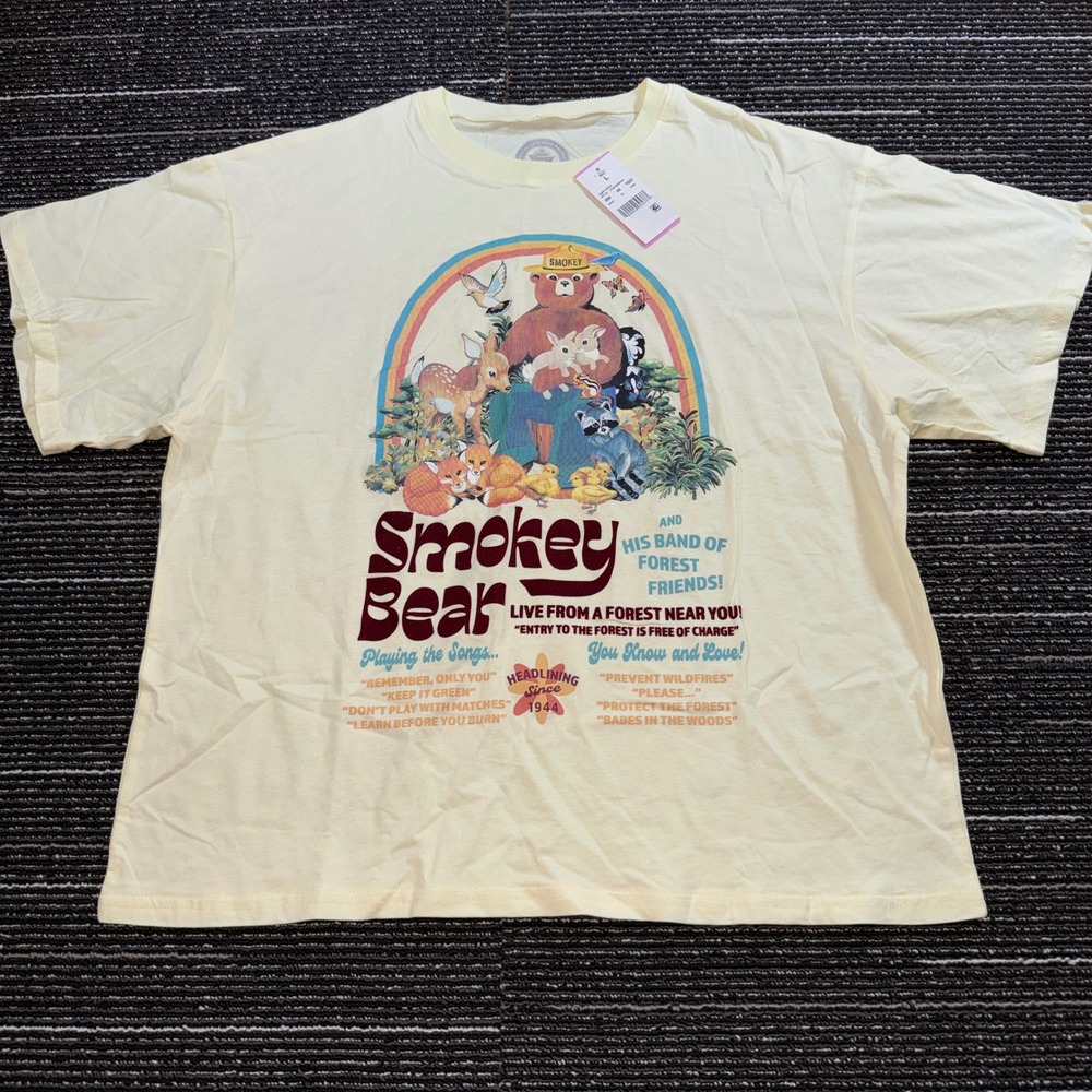 Smokey Bear Graphic T-Shirt Women L NEW Band of Forest Friends Light Yellow Tee - Picture 2 of 5